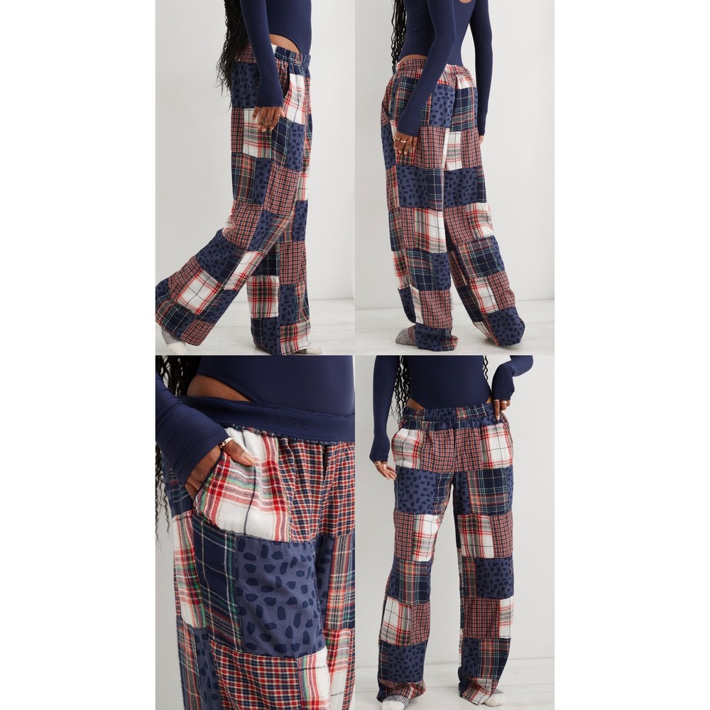 Aerie Patchwork Plaid Leopard Print Pajama Pants Multi Color Wide Leg Small